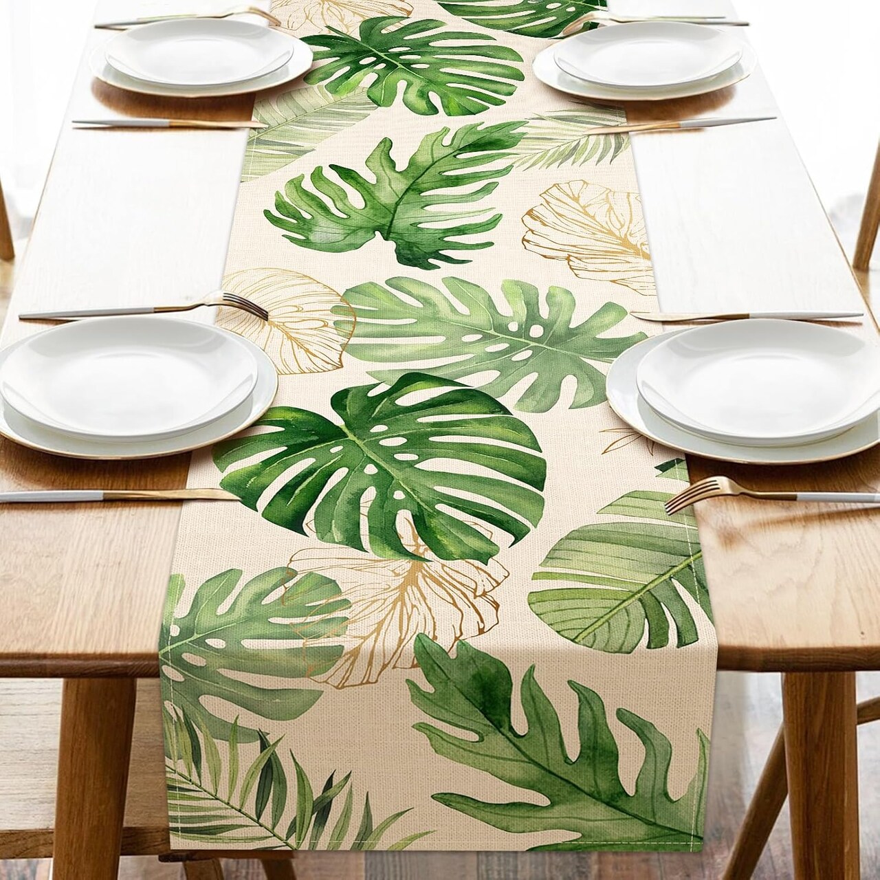Summer Palm Leaves Tropical Table Runner – 13x72 Inch Monstera Greenery Decor for Home, Kitchen, Dining, Indoor/Outdoor Hawaii Luau, Spring, and Anniversary Party Decorations